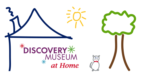 graphic showing the Museum's logo inside of a child's line drawing of a house, with a tree and cat next to it and the words, "at Home" below the logo