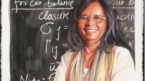 an oil painting of a woman in a lab coat standing in front of a classroom blackboard covered with writing and mathematical formulas