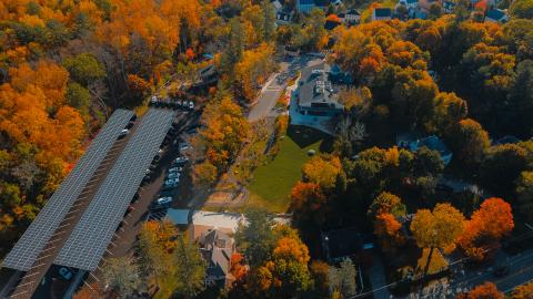 aerial view of Discovery Museum campus on a beautiful fall day, including solar array