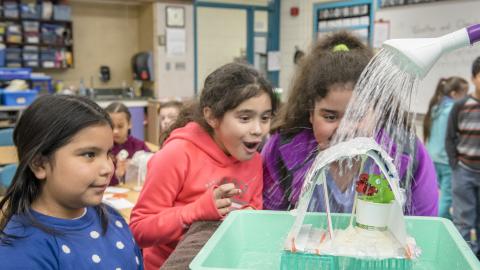three girls watch hopefully as their science experiment is tested