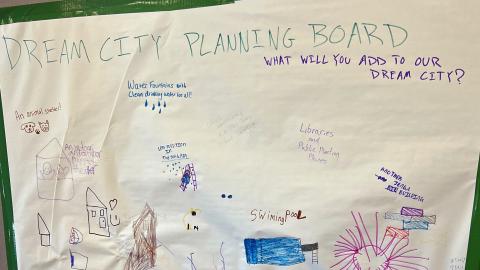A large piece of paper is taped to a wall with "Dream City Planning Board" written across the top in marker and "What will you add to our dream city?" below. Kids have drawn houses  and shapes with words like "Swimming pool" and "animal shelter". 