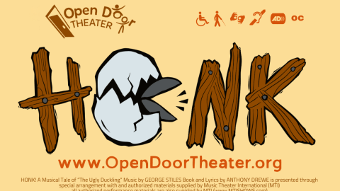 Graphic of the word "Honk" spelled out in cartoon wood planks where the "O" is a bird hatching from an egg
