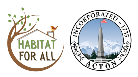 Left logo: A tree encircles a house with "Habitat for All" text. Right logo: An obelisk against a sky with "Incorporated - 1735" and "Acton" text.