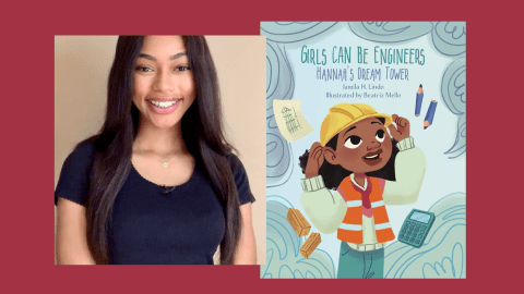 Head and shoulders photo of a smiling Jamila Lindo next to a picture of her book 