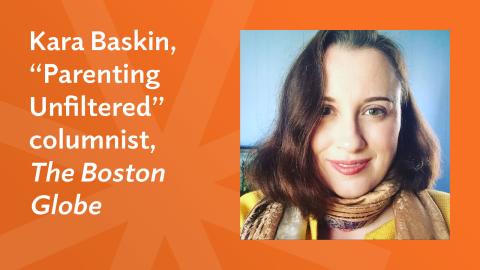 an orange graphic with a woman's headshot