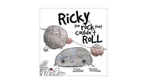 Book cover for "Ricky the Rock That Couldn't Roll" featuring four cartoon rocks with eyes and smiles and one sad rock with a frown.