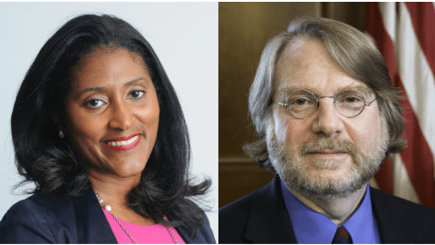 Head and shoulders photos of the speakers. One is a smiling black woman with shoulder length hair. The other is a white man with a beard and glasses.