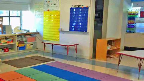 A Kindergarten classroom before the start of school, no children in it