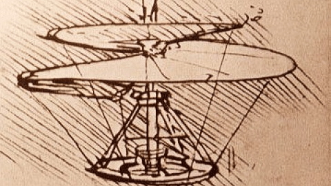 mechanical drawing of a helicopter-looking apparatus, da Vinci's aerial screw
