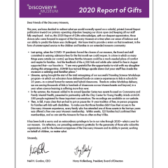 an image of a report cover that says "Discovery Museum 2020 Report of Gifts"