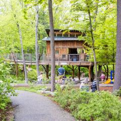beautiful elevated treehouse in a wooded area