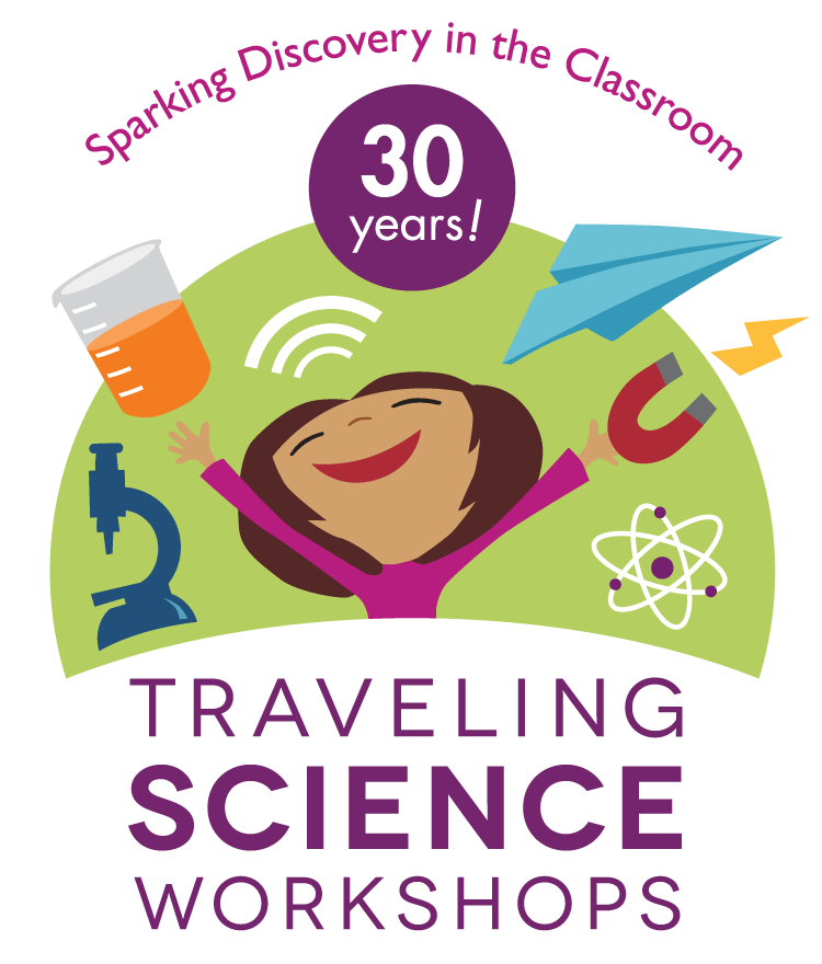 graphic depicting a girl surrounded by science images and the words Traveling Science Workshops