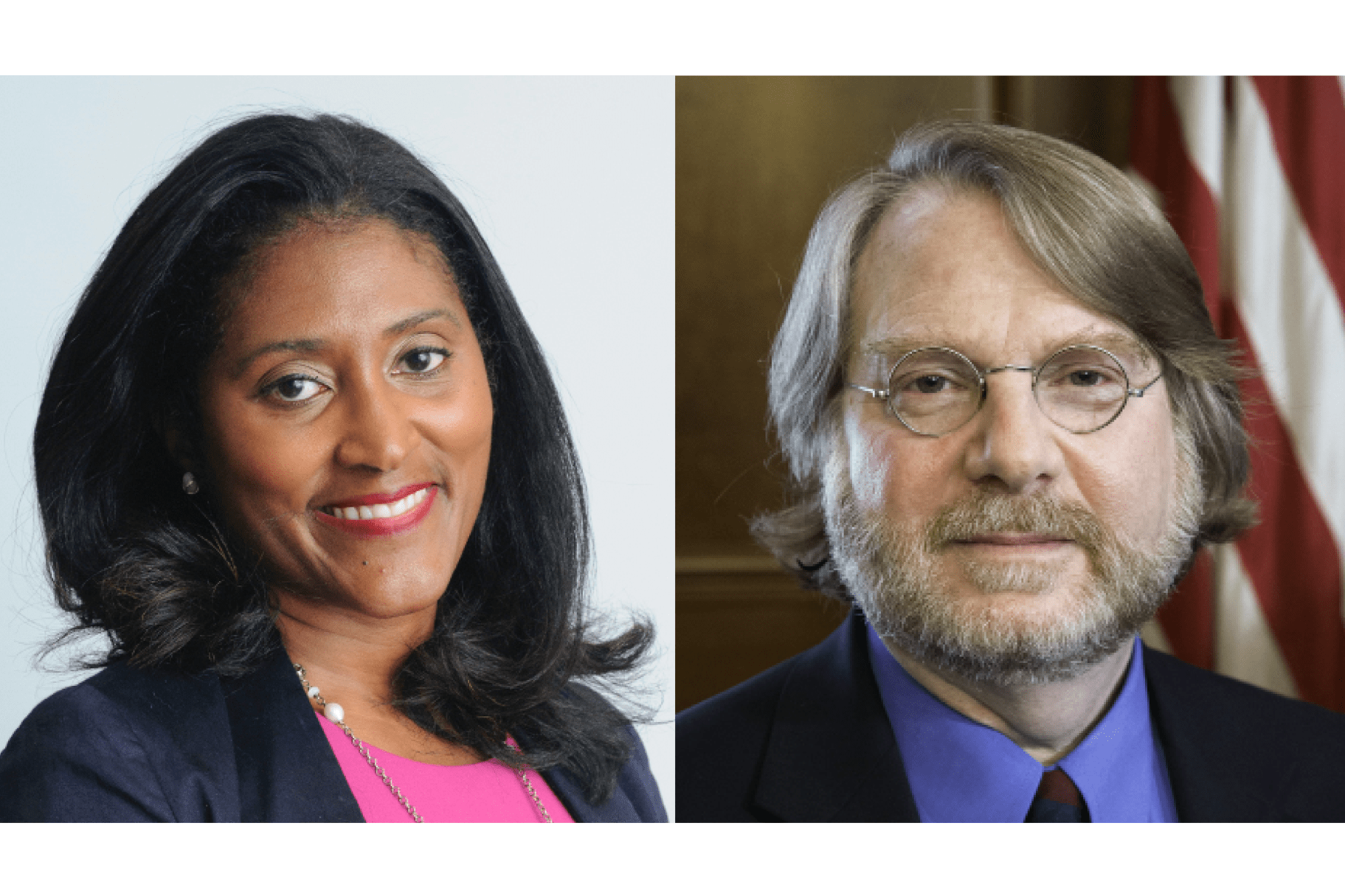 Head and shoulders photos of the speakers. One is a smiling black woman with shoulder length hair. The other is a white man with a beard and glasses.
