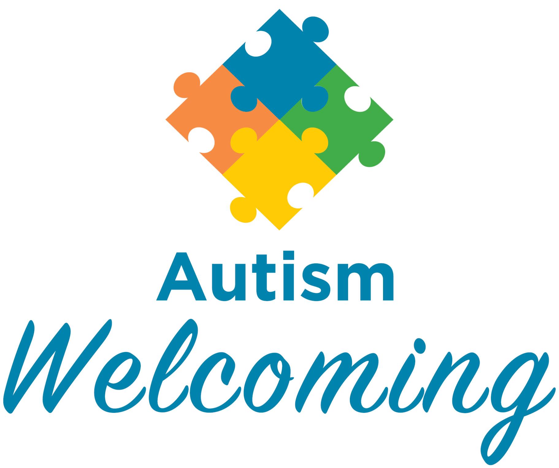 graphic that says, "Autism Welcoming" with four interconnected puzzle pieces above