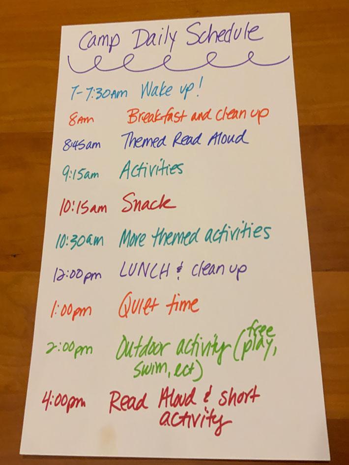 a large piece of paper with a schedule written on it